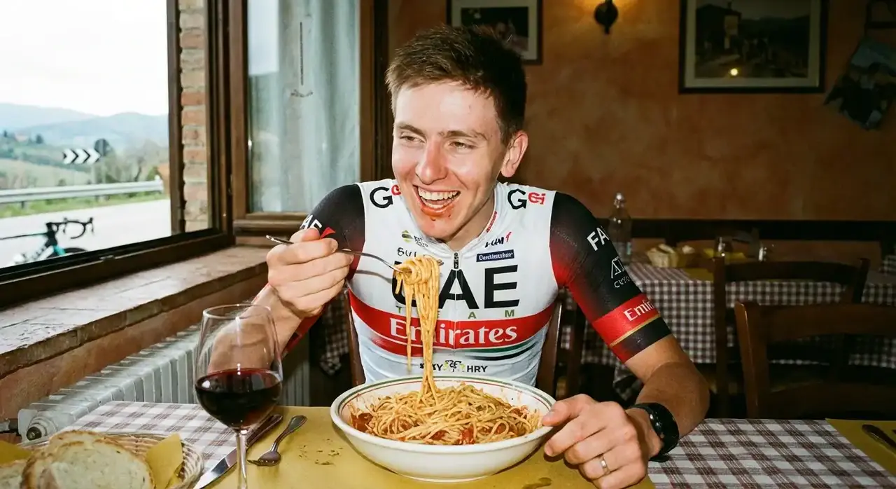 Tadej Pogacar comiendo un plato de pasta