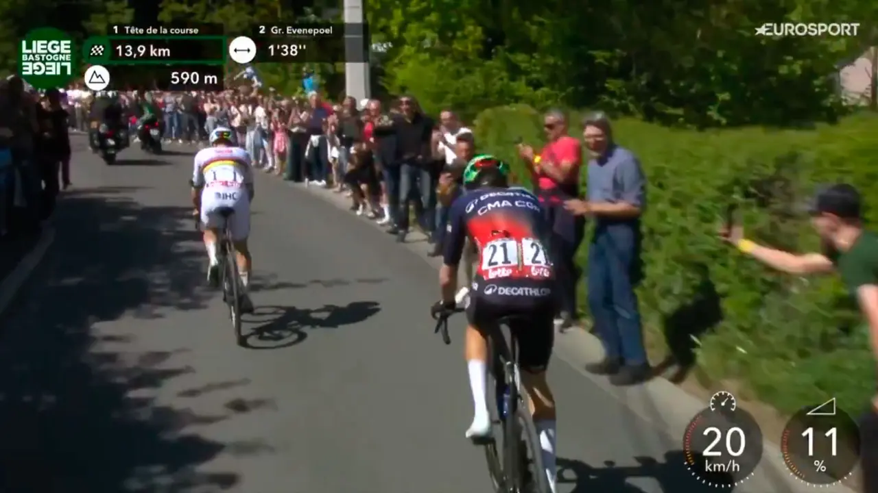 Tadej Pogacar descualga a Paul Seixas en la Roca de los Halcones en la Lieja-Basto&ntilde;a-Lieja de 2026.