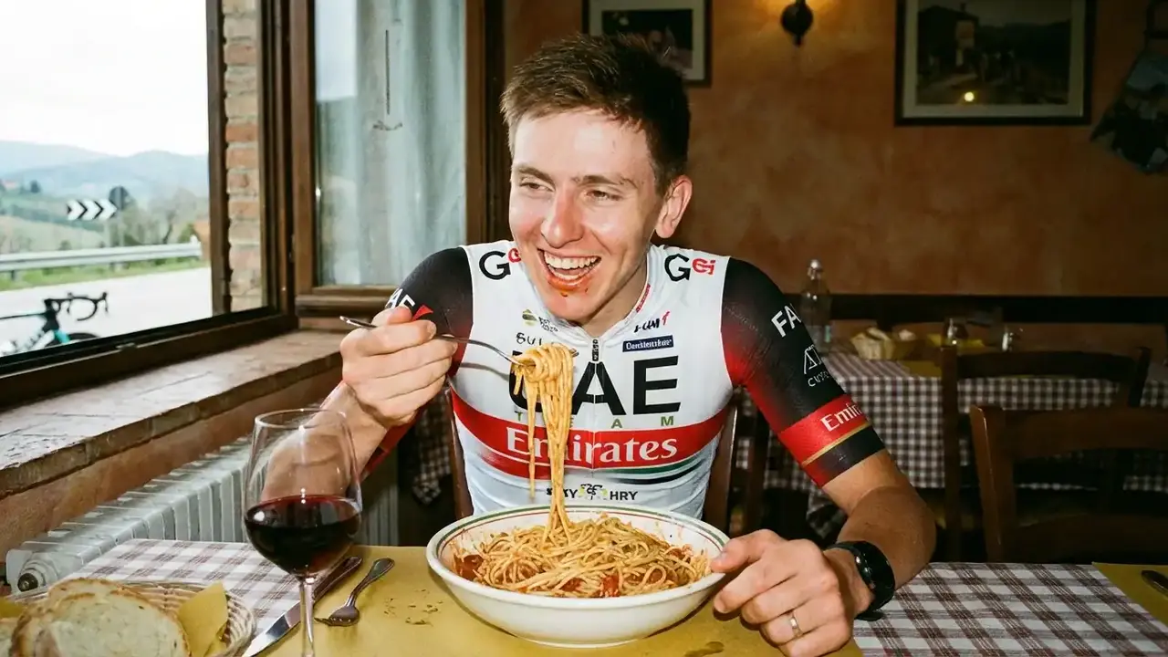 Tadej Pogacar comiendo un plato de pasta